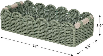 CubesLand Toilet Paper Storage Basket - Scalloped Edge Green Decor | Cozy Small Paper Rope Baskets with Handles