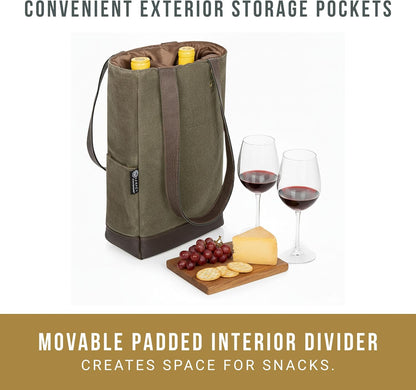 PICNIC TIME 2 and 3 Bottle Insulated Wine Bag, Distressed Waxed Canvas Wine Tote, Durable Bottle Carrier Bag for Gifts and Travel with Side Pockets & Removable Divider (Khaki Green with Brown Accents)