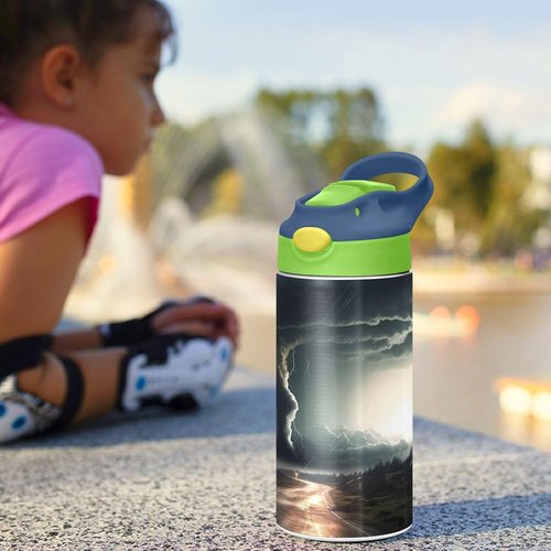 Black Tornado Kids Water Bottle - 12oz Insulated Stainless Steel, BPA Free, Leak-Proof, Green