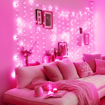 Minetom 300 LED Curtain Lights - Dimmable Fairy Lights with Remote & Timer | USB Powered Pink Decor
