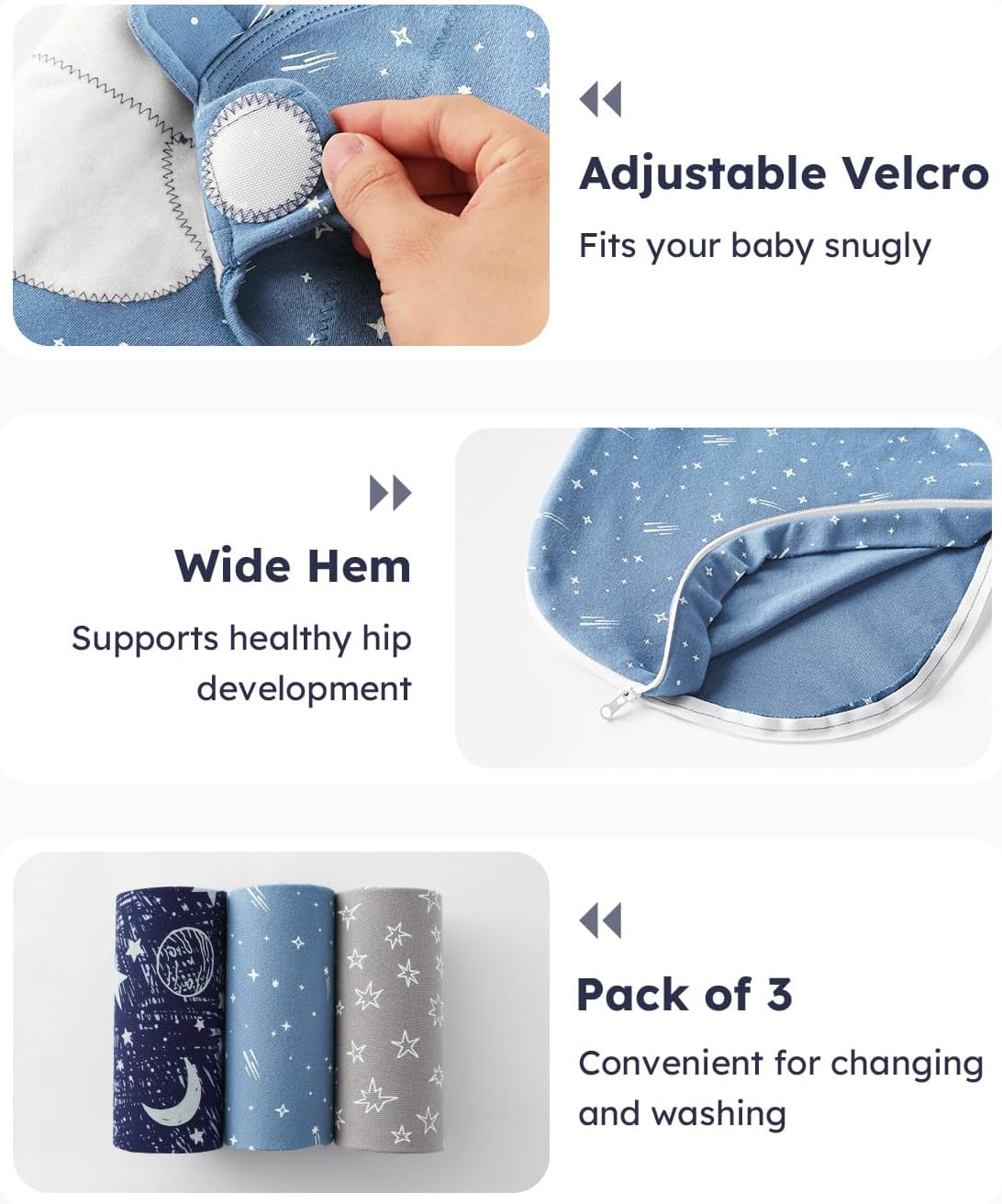 Unnivoll Baby Swaddles - 100% Cotton Newborn Sleep Sack with Zipper | 3-Pack for 0-3 Months - Blue Planet