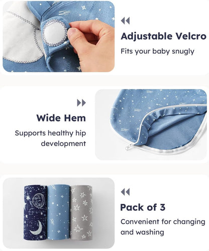 Unnivoll Baby Swaddles - 100% Cotton Newborn Sleep Sack with Zipper | 3-Pack for 0-3 Months - Blue Planet