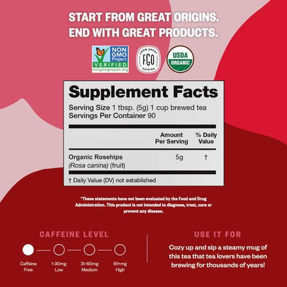 FGO Organic Rosehips Tea, Cut and Sifted, 16 Ounce Resealable Bag, Packaging May Vary (Pack of 1)