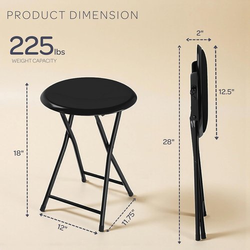 Lavish Home Folding Bar Stool - Heavy-Duty 18-Inch Padded Seats | Set of 2, 225lb Capacity (Black)