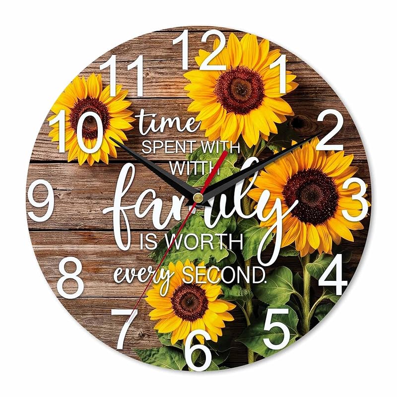 Sunflower Family Quote Wall Clock 10 Inch - Sunflower 1+10 Inch, Battery Operated