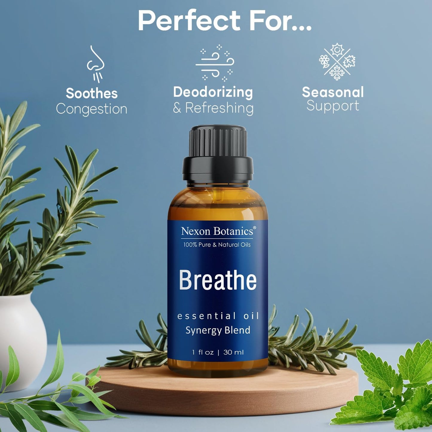 Nexon Botanics Breathe Essential Oil Blend 30 ml - Sinus Relief with Menthol - Ideal for Humidifiers & Diffusers