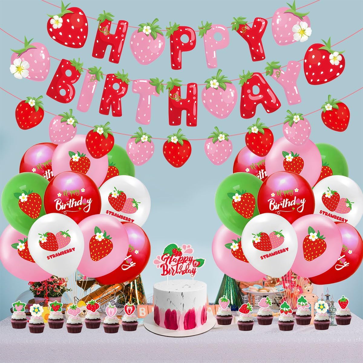 Strawberry Birthday Party Decoration Set - Balloons & Cake Toppers for Girls | Fruit-Themed Supplies