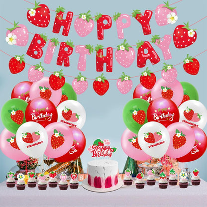 Strawberry Birthday Party Decoration Set - Balloons & Cake Toppers for Girls | Fruit-Themed Supplies