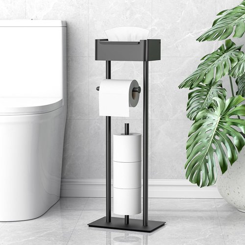 Free Standing Toilet Paper Holder by [Brand Name] - Stylish Bathroom Organizer with Shelf for 4 Rolls - 29.7” x 12.6” (Matte Black)