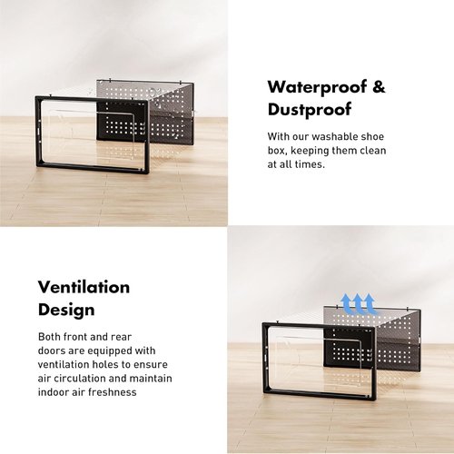Foluck Shoe Storage Box - 15 Pack Clear Plastic Stackable Organizer | Interlocking Design for Sneakers, Black
