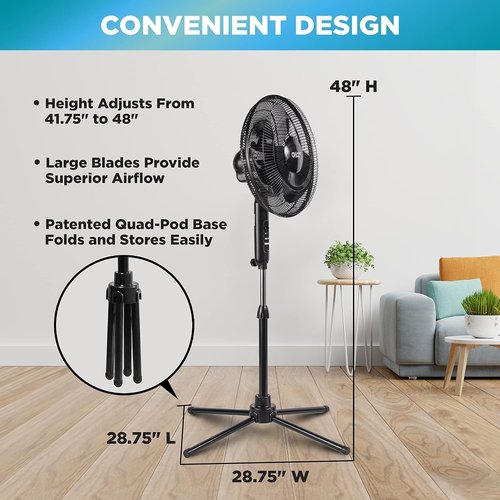Comfort Zone 16-Inch Oscillating Pedestal Fan - High-Velocity 3-Speed Cooling, Adjustable Height & Tilt, Black