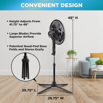 Comfort Zone 16-Inch Oscillating Pedestal Fan - High-Velocity 3-Speed Cooling, Adjustable Height & Tilt, Black