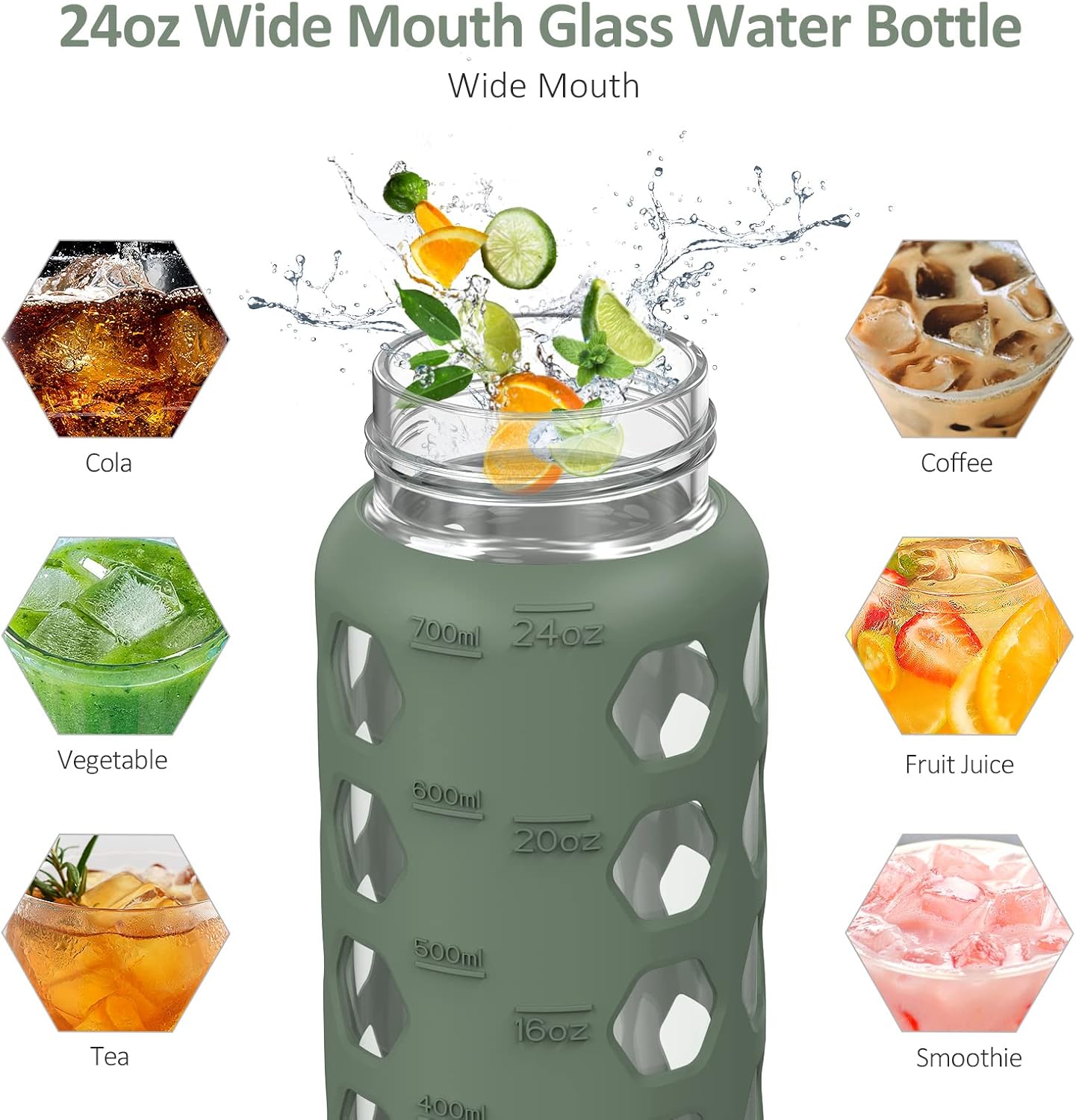 MUKOKO 24oz Glass Water Bottle - Motivational Tumbler with Time Markers & Silicone Sleeve | Olive