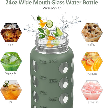 MUKOKO 24oz Glass Water Bottle - Motivational Tumbler with Time Markers & Silicone Sleeve | Olive