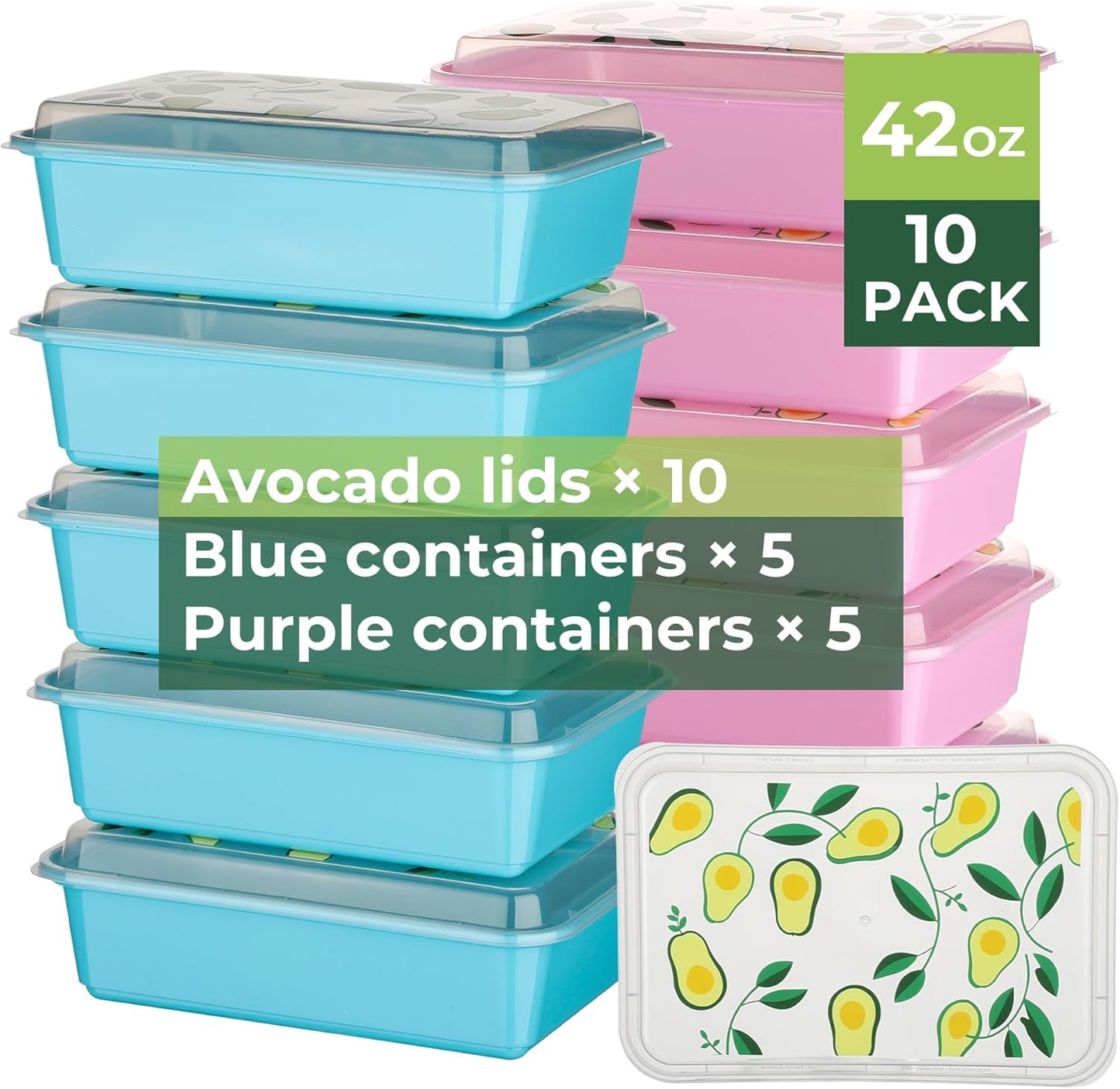 Regine Switzerland Meal Prep Containers - 10 Pack 42 oz Leakproof & Stackable | Microwave & Freezer Safe, Avocado