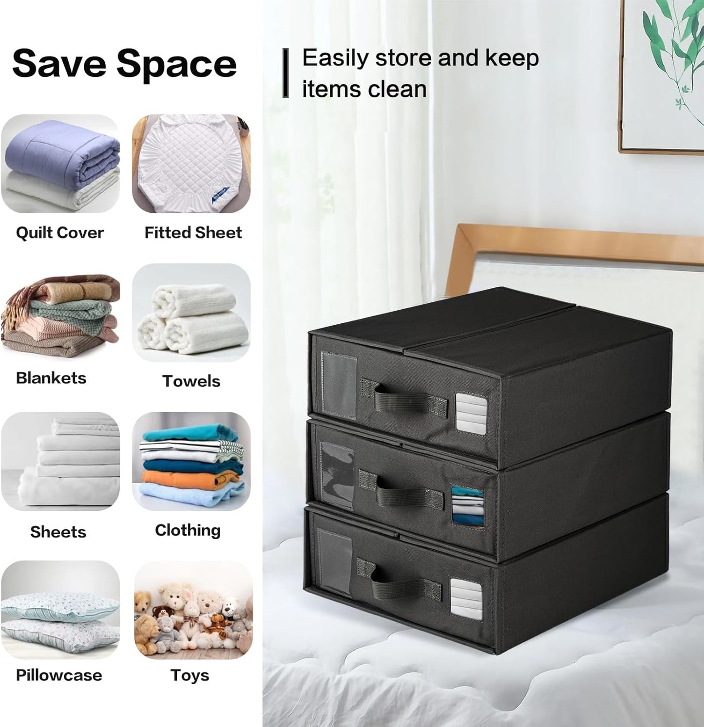 Skiennix Sheet Organizers - Versatile Storage Bins with Lids for Blankets, Clothing & Toys | Black, 3-Pack