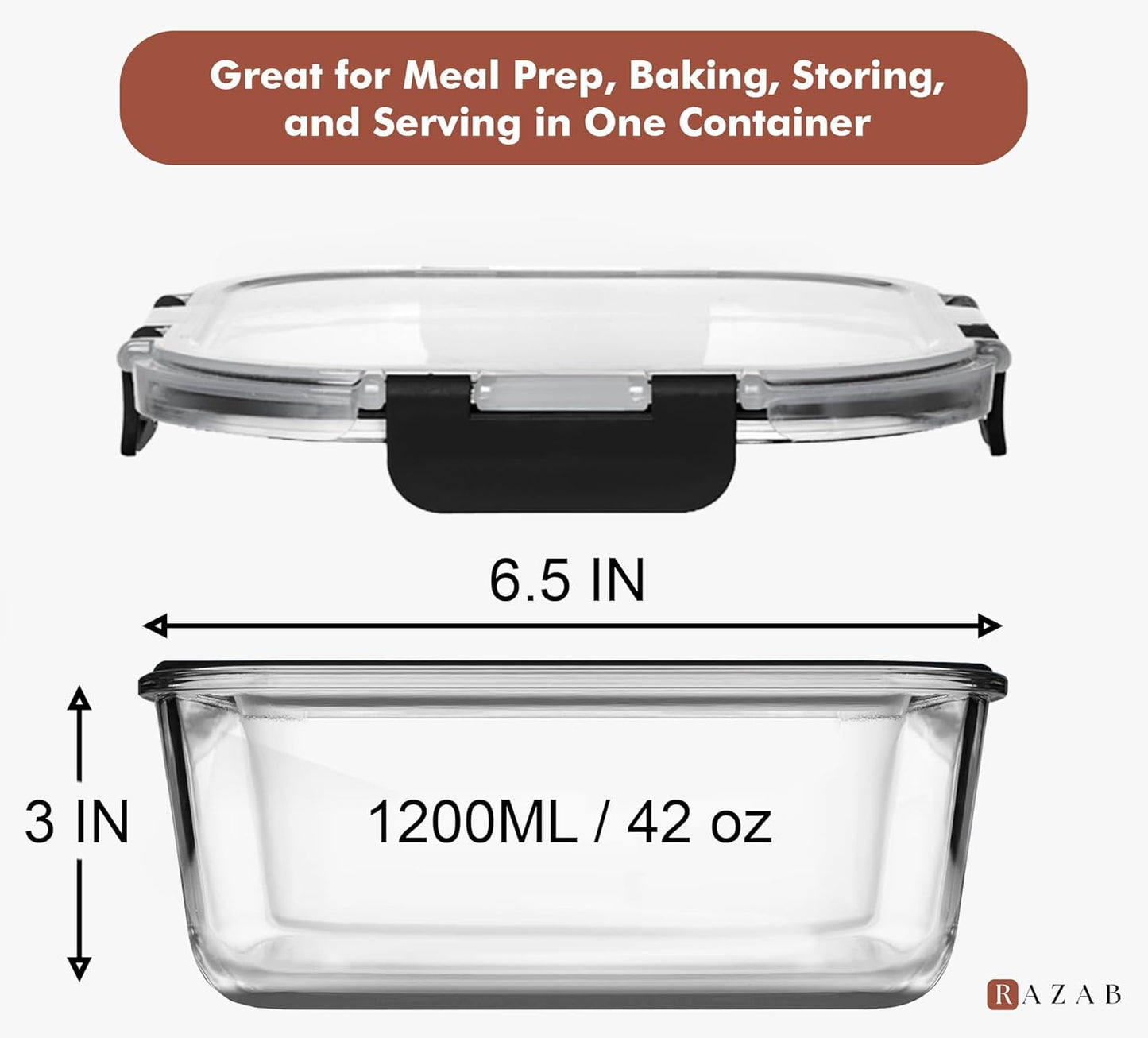 Razab Glass Food Storage Containers - Airtight & Leakproof 1200ML | Microwave, Oven, Freezer Safe, BPA Free
