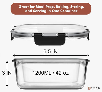 Razab Glass Food Storage Containers - Airtight & Leakproof 1200ML | Microwave, Oven, Freezer Safe, BPA Free