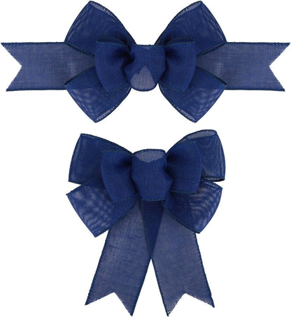 Meseey Navy Blue Wired Ribbon - 2 Pcs Handmade Burlap Bows for Wreaths & Gift Wrapping