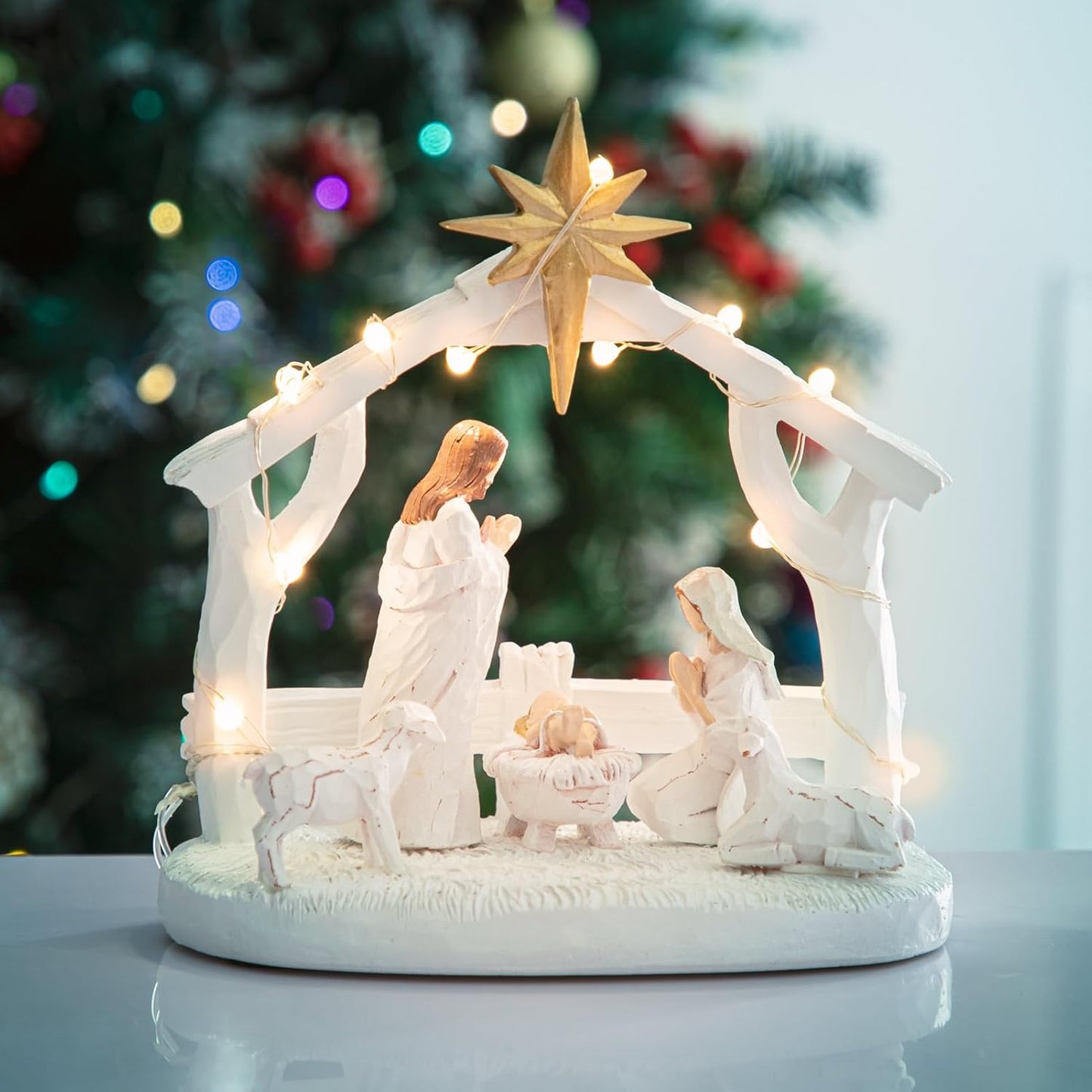 Nativity Scene - Hand-Painted Holy Family Figurine with Lights | Christmas Tabletop Decoration