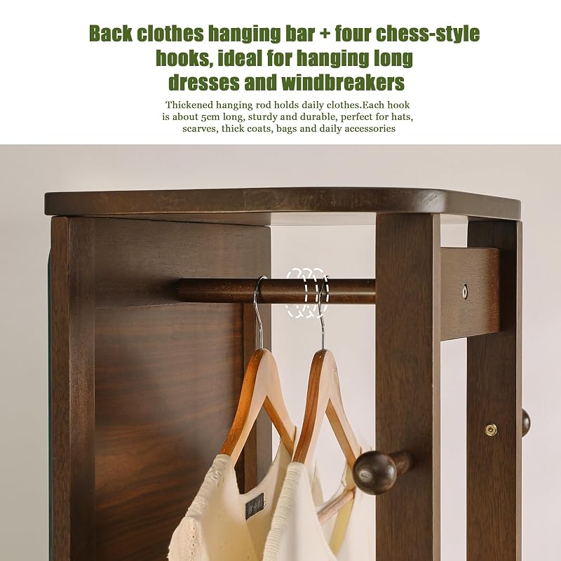 Walnut 68" L x 19" W Full Length Mirror with Coat Rack & Shelf - 360° Rotating Solid Wood