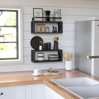 RICHER HOUSE Floating Shelves - Rustic Wood Wall Décor with Guardrail for Bathroom & Kitchen - Black