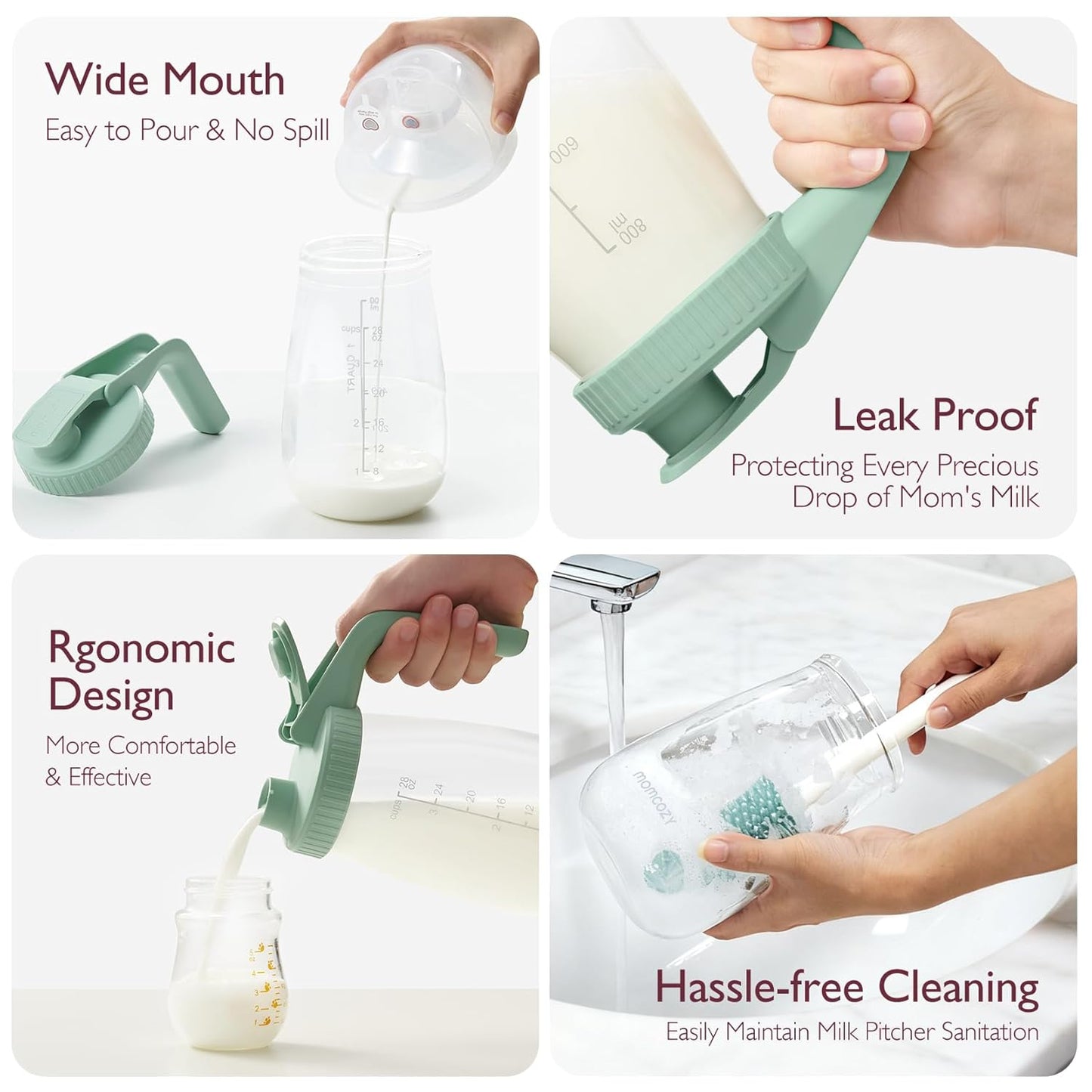 Momcozy Breast Milk Pitcher - No Leak Glass Storage Container for Easy Baby Formula | Green, Heat & Cold Resistant