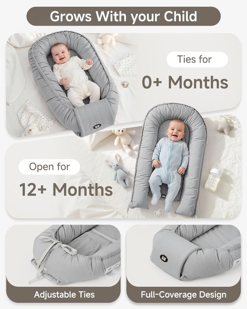 Baby Lounger - Adjustable Infant Lounger for Newborns 0-24 Months | Soft & Breathable Grey Tummy Time Lounger