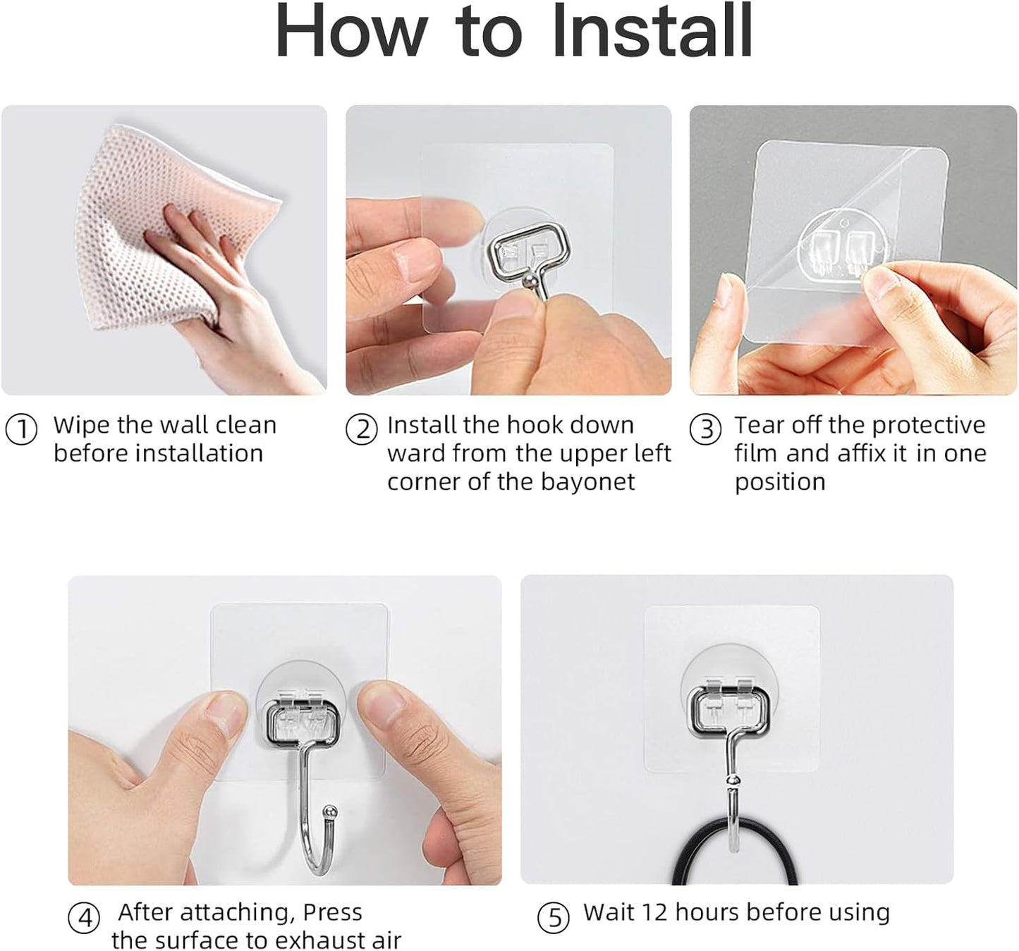 Skiennix Heavy-Duty Wall Hooks - 44lb Capacity, Self-Adhesive & Removable, 10-Pack, Clear & Waterproof