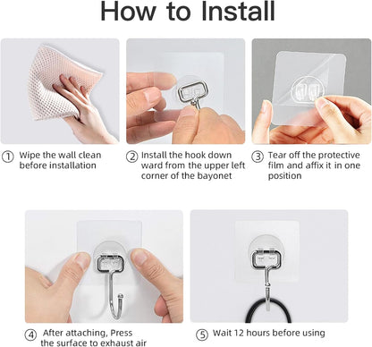 Skiennix Heavy-Duty Wall Hooks - 44lb Capacity, Self-Adhesive & Removable, 10-Pack, Clear & Waterproof
