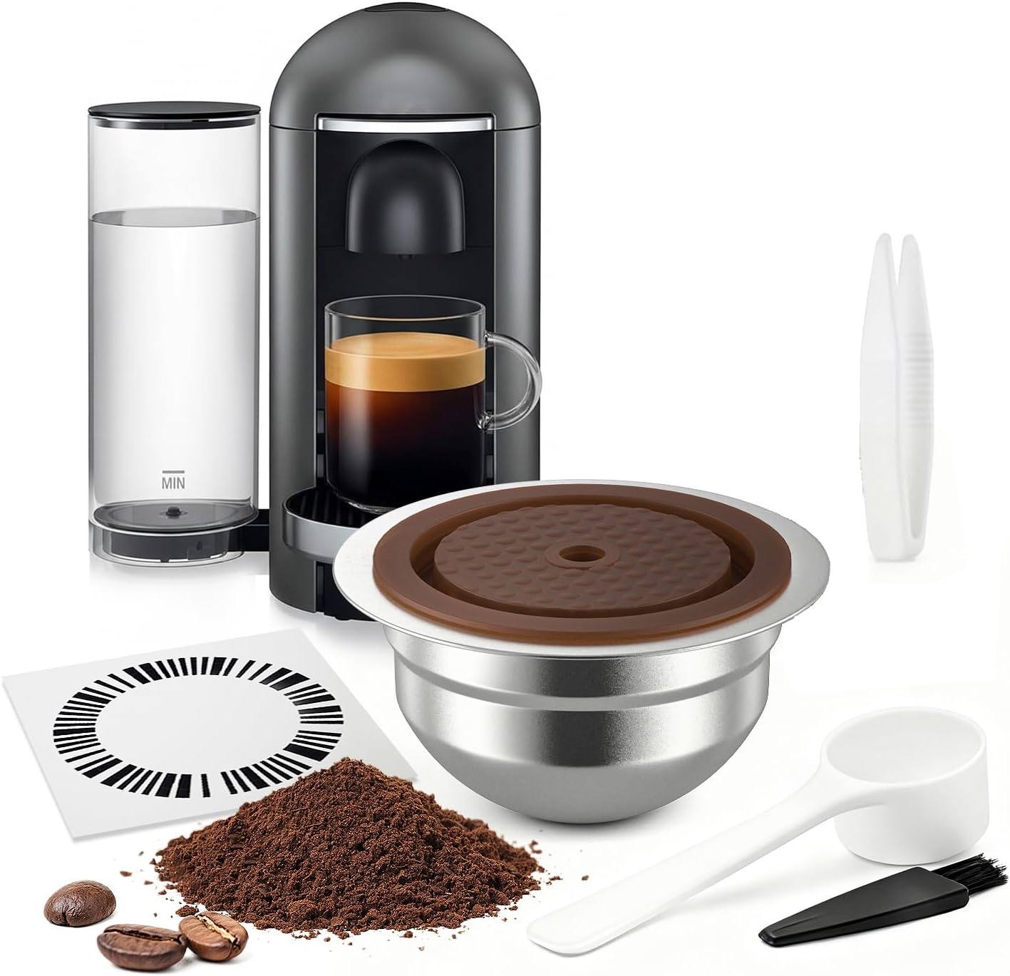 Skiennix Stainless Steel Reusable Coffee Pods - Compatible with Nespresso Vertuo | 230ml Capacity, Includes 4 Barcode Stickers & Silicone Lid