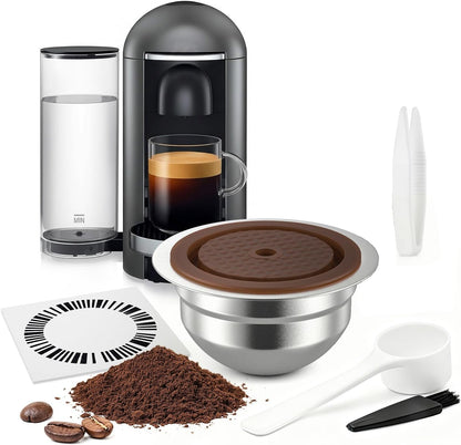 Skiennix Stainless Steel Reusable Coffee Pods - Compatible with Nespresso Vertuo | 230ml Capacity, Includes 4 Barcode Stickers & Silicone Lid
