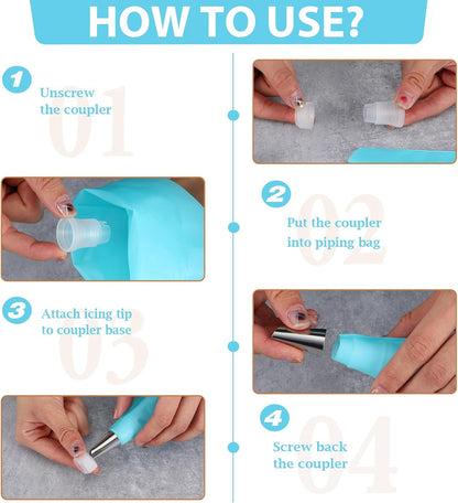 Skiennix Piping Bags and Tips Set - Reusable Cake Decorating Supplies with 24 Icing Tips & Scrapers