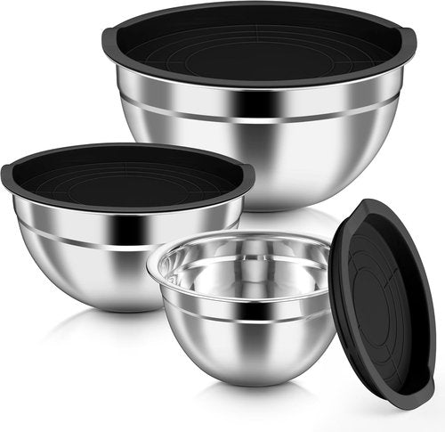 HaWare Mixing Bowls - 6-Piece Stainless Steel Set with Airtight Lids | Stackable Design, Black, 4.6QT, 3QT, 1.5QT
