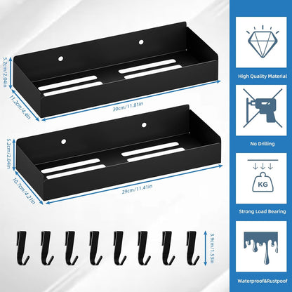 Wisfame Shower Caddy - Rustproof Adhesive Bathroom Shelves with 8 Hooks | Large Capacity, Black