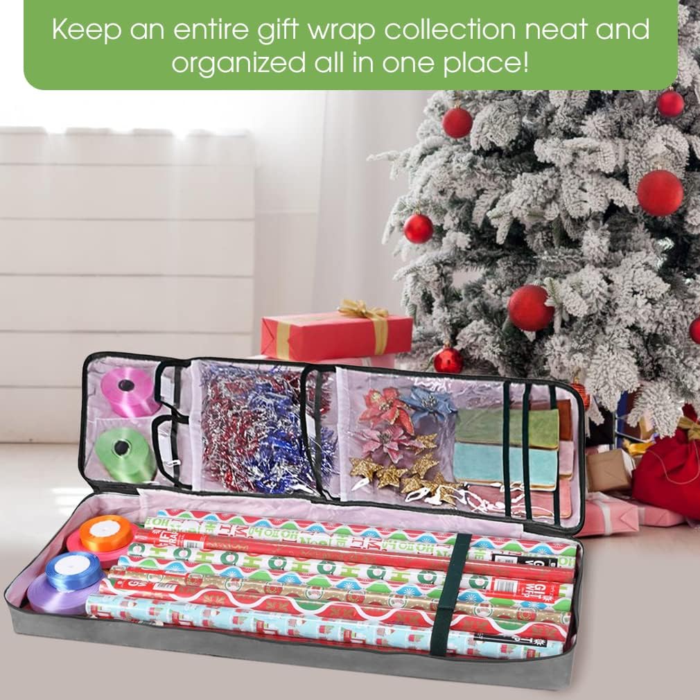 Primode Gift Wrap Organizer - Christmas Wrapping Paper Storage Bag with Pockets | 37” x 14” x 4” | Durable 600D Oxford Material (Gray)