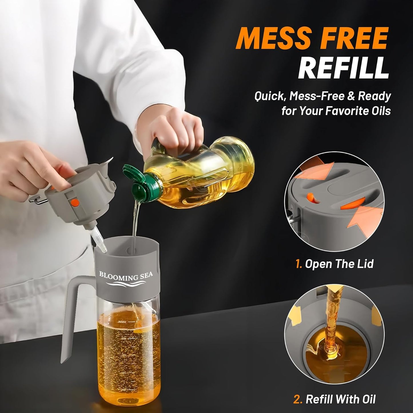Skiennix 2-in-1 Oil Sprayer & Dispenser - 550ml Glass Olive Oil Bottle, BPA-Free & Leakproof, Gray