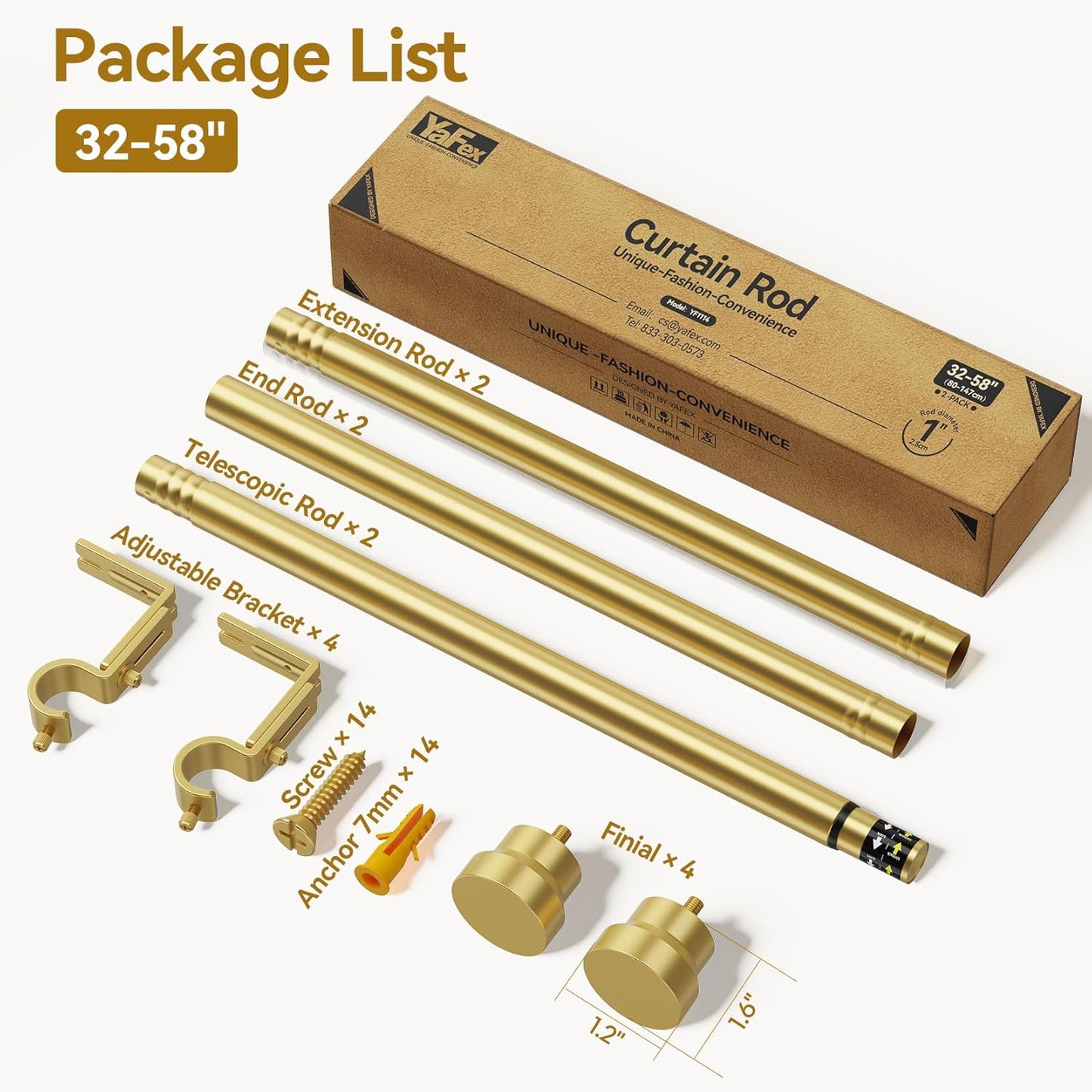 YaFex Curtain Rods - Heavy Duty 1 Inch Adjustable Window Treatment Rods | 32-58 Inch, Gold Finish