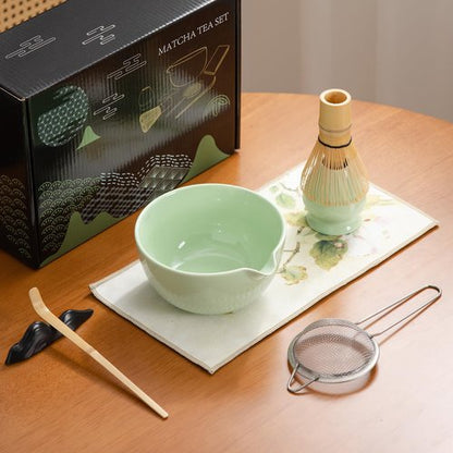 DWEHIXBUY Matcha Tea Kit 7-Pcs Set, Whisk and Bowl with Spout & Measuring Spoon, Japanese Tea Making Tools,Cha, tea bowl, tea spoon, tea cloth, set the mountain, check the sieve,