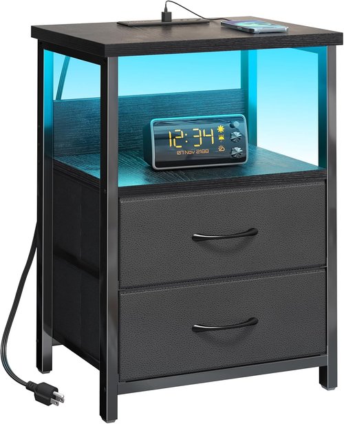 Fixwal Night Stand - LED Nightstand with Charging Station & USB Ports, Modern Black with 2 Drawers