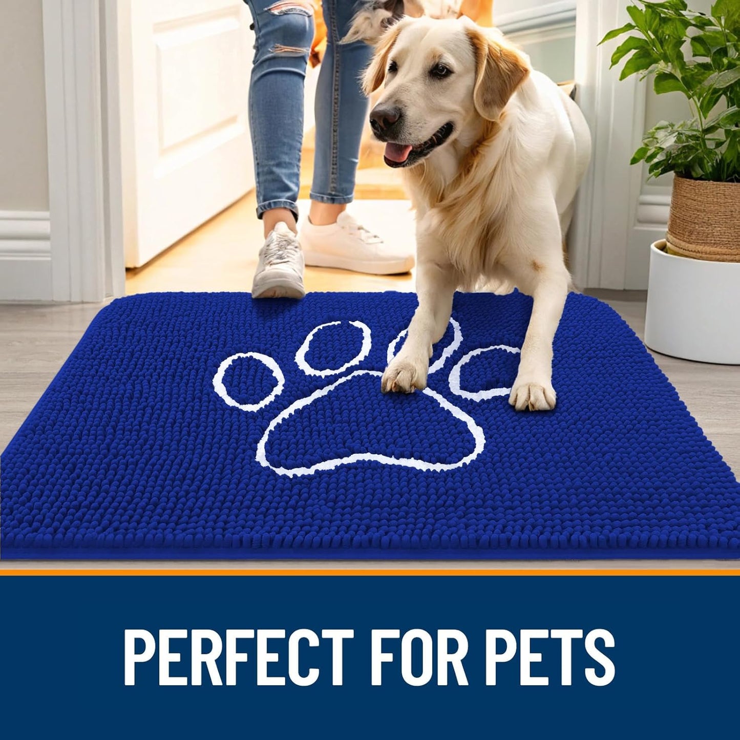 OLANLY Dog Door Mat - Absorbent Muddy Paws Doormat | Non-Slip Chenille 36x24, Royal Blue