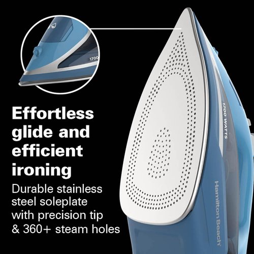 Hamilton Beach Steam Iron - 1700W Garment Steamer with Stainless Steel Soleplate & 8' Cord - Blue