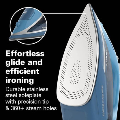 Hamilton Beach Steam Iron - 1700W Garment Steamer with Stainless Steel Soleplate & 8' Cord - Blue