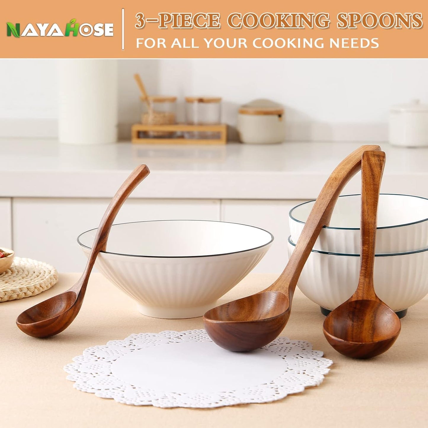 Skiennix Wooden Ladle - Natural Teak Cooking Spoon Set | Non-Stick, 3 Sizes for Soup & More