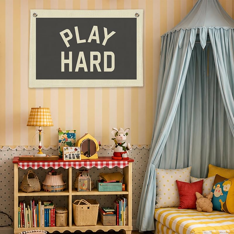 Play Hard Linen Canvas Banner for Kids Room - Playroom Wall Decor