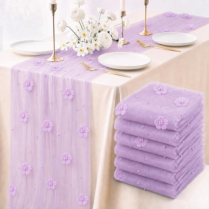6 Pcs 29x120'' Pearl Tulle Table Runner - Purple, Wedding Party Set (Variation: Purple)