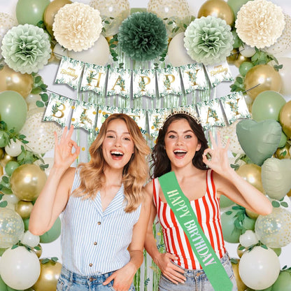 Sage Green Birthday Decorations Set - Balloons, Banner, Pom Poms & Crown for Boho Parties