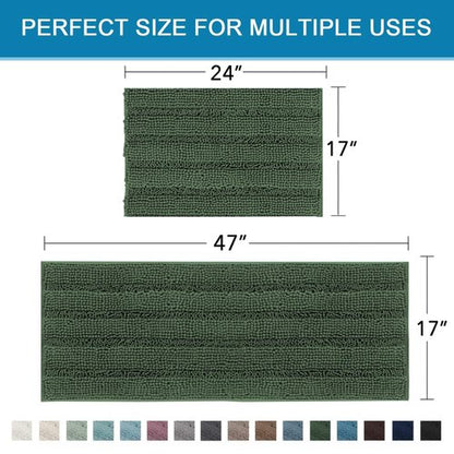 H.VERSAILTEX Bathroom Rugs Bath Mats Sets Super Absorbent Chenille Striped Bath Mats Non Skid Machine Wash Dry Rugs for Bathroom Floor Set of 2(Bronze Green, 47 x 17 Plus 17 x 24 - Inches)
