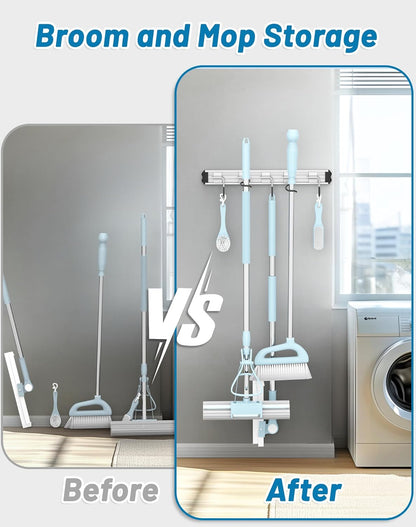 Skiennix Mop and Broom Holder - Wall-Mounted Organizer with Movable Hooks | Modern Aluminum Alloy, Black