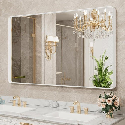 LOAAO White Metal Framed Bathroom Mirror - Large Rounded Rectangle, Anti-Rust, 50x30 Inch, Versatile Hanging Options